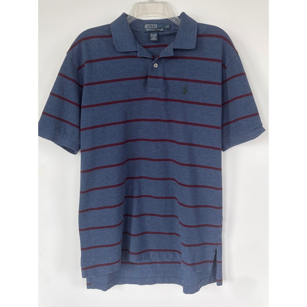 Polo Ralph Lauren Men Blue Burgundy Striped Short Sleeve Pique Polo Golf Shirt L